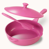 Lynnee Cookware 11 inch frying pan hot pink, non-toxic aluminum pan with pink silicone spatula