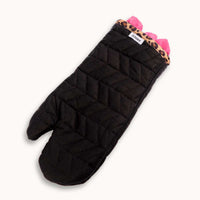 Lynnee Cookware Oven Mitt, Black with hot pink and leopard accents. 100% cotton surface, 80% polyester and 20% nylon liner